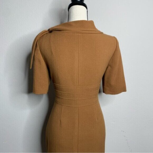 Suite 7 Elegant Camel Cowl Neckline with Shoulder Bow Sheath Dress - Picture 9 of 13